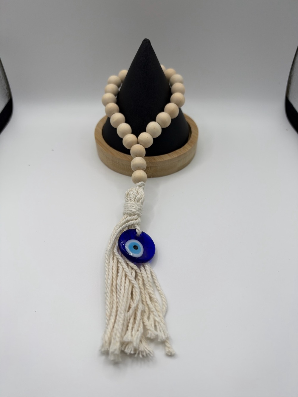 Handcrafted Evil Eye Wooden Bead Garland with Tassel